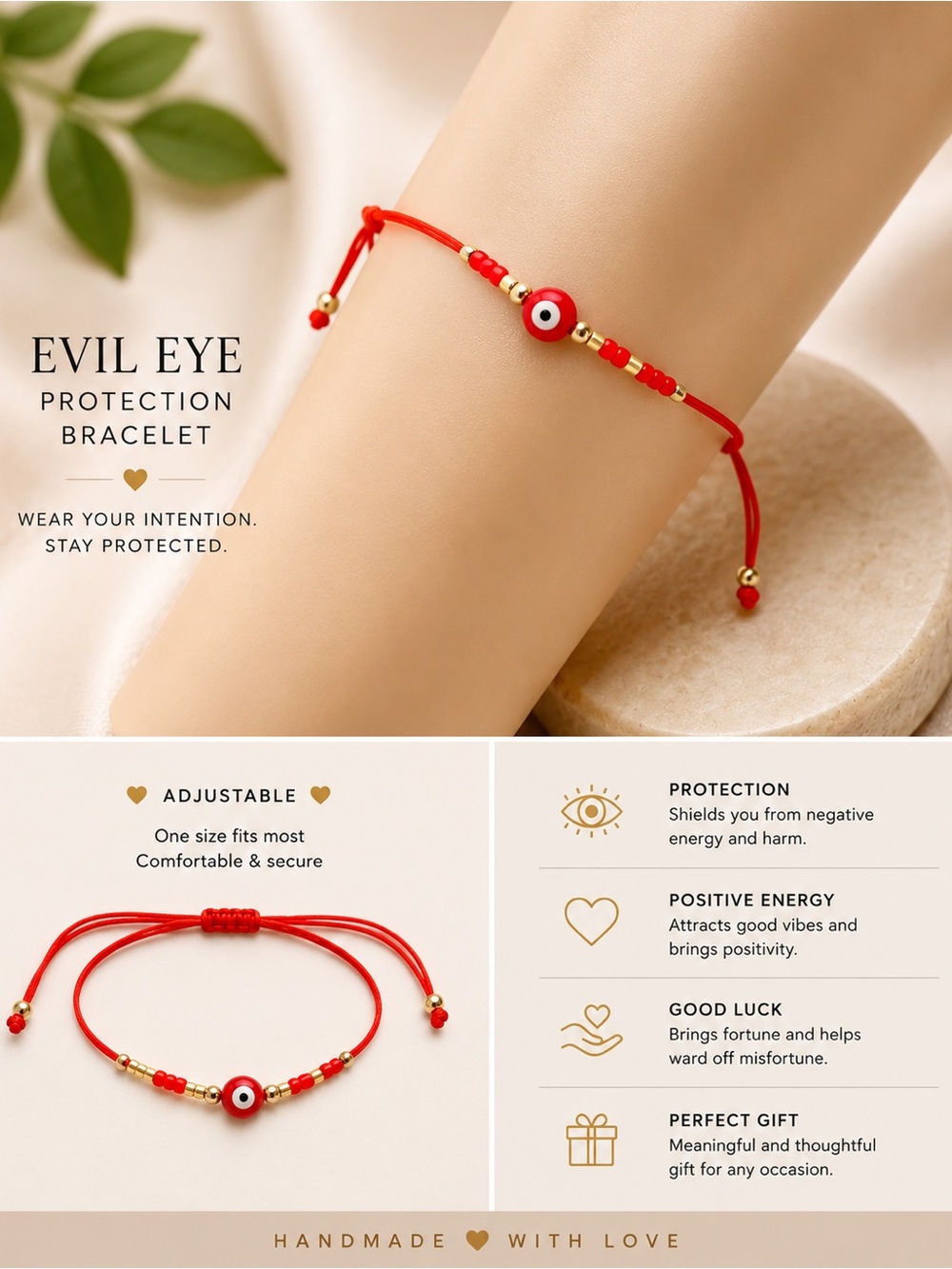 Evil Eye Protection Bracelet - Red Adjustable Cord